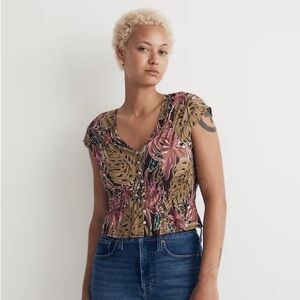 Shirred Cap-Sleeve Top in Brushstroke Monstera